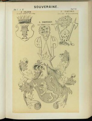 Taf. 43. 1. Norwegen. (n.d. Grünwald'schen W.B.) - 2. Island. (Aus Martin Schrot's W.B. 1576.) - 3. Helmschmuck (Aus dem Burgundischen W. B.)