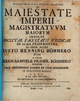 Dissertatio iuris publici solennis de maiestate imperii magistratuum maiorum