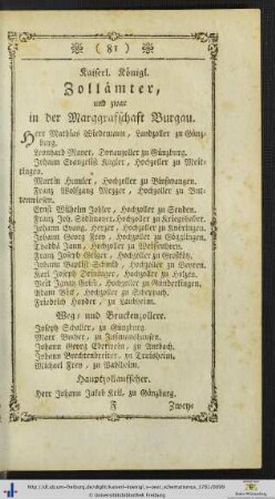 Kaiserl. Königl. Zollämter, und zwar in der Margraffschaft Burgau.
