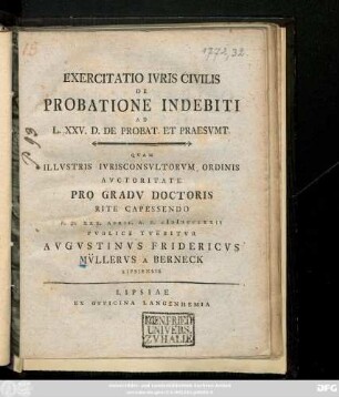 Exercitatio Ivris Civilis De Probatione Indebiti Ad L. XXV. D. De Probat. Et Praesvmt.