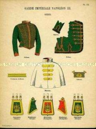 Uniformdarstellung, Detailstudie von Dolman, Mantel, Schabracke, Patronen- und Säbeltasche der Guiden der Kaiserlichen Garde, Zweites Kaiserreich Frankreich, 1854/1864.