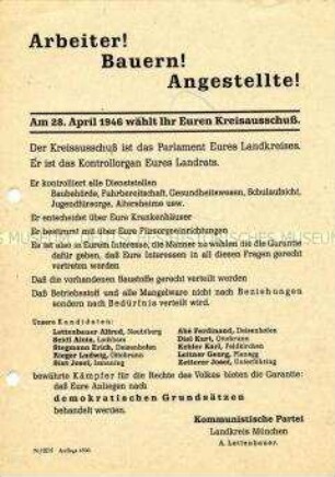 Propagandaflugblatt der KPD des Landkreises München zu den Kreistagswahlen 1946