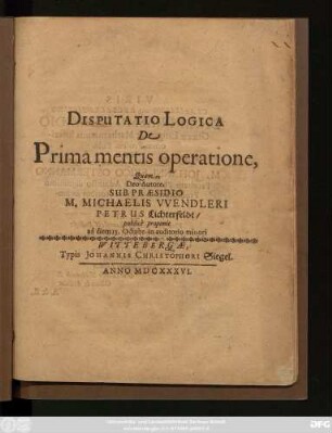 Disputatio Logica De Prima mentis operatione
