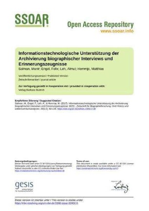 Informationstechnologische Unterstützung der Archivierung biographischer Interviews und Erinnerungszeugnisse