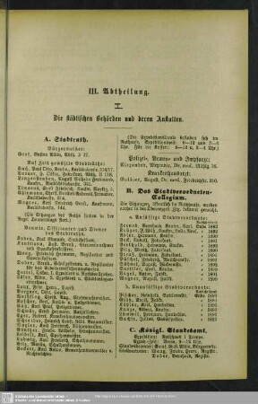 III. Abtheilung. Behördenverzeichnis : III. Abtheilung. Die städtischen Behörden und deren Anstalten