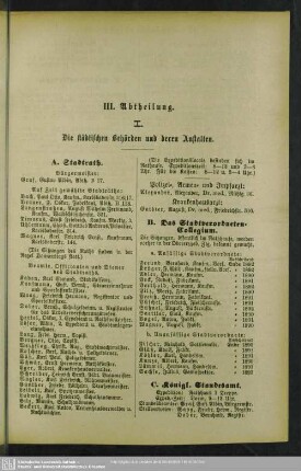 III. Abtheilung. Behördenverzeichnis : III. Abtheilung. Die städtischen Behörden und deren Anstalten