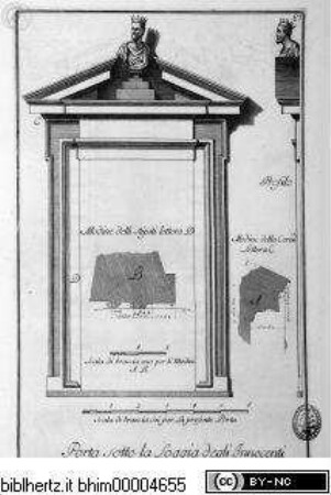 Studio d'architettura civile sopra gli ornamenti di porte, e finestre colle misure, piante, modini, e profili, tratte da alcune fabbriche insigni di Firenze erette col disegno dè più celebri architetti / opera misurata, disegnata, e intagliata da Ferdinando Ruggieri, sotto gli auspici dell' A. R. di Cosimo III. Granduca di Toscana, Parte Prima, Firenze 1722, nella Samperia Reale presso Gio: Gaetano Tartini, e Santti Franchi, con Licenza de Superiori.Aufriss, Profile und Seitenansicht des Portals in der Loggia des Ospedale degli Innocenti in Florenz - Studio d'architettura civile, da Ferdinando Ruggieri, Parte prima, Firenze 1722.