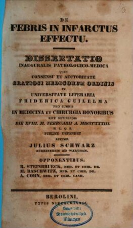 De febris in infarctus effectu : dissertatio inauguralis pathologico-medica