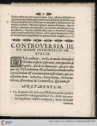 Controversia III: De Modis intrinsecis in Specie