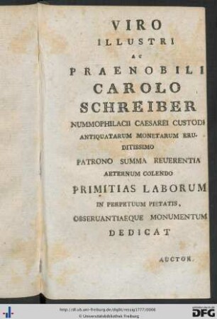 Viro Illustri Ac Praenobili Carolo Schreiber ...