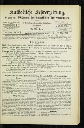 Aufgaben für die fünfte Generalversammlung des "katholischen Lehrerverbandes"