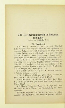 VIII. Der Rechenunterricht im siebenten Schuljahre