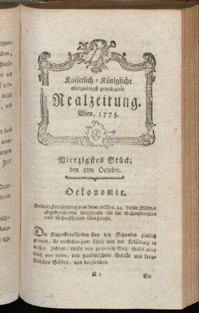 Vierzigstes Stück; den 5ten October. Wien, 1775.