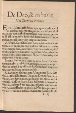 De Deo, & tribus in Una Divinitate Personis.