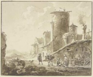 Häusergruppe mit rundem Turm und Torbogen, davor Rastende und ein Maultier