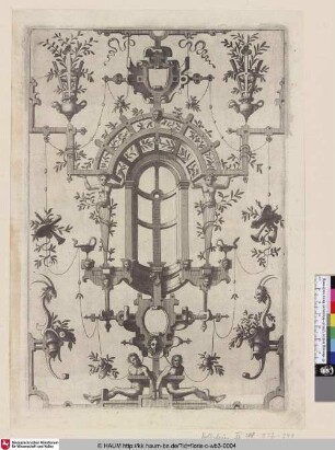 [Ornamentfüllung mit Grotesken und zwei Kartuschen; Surface Decoration, Grotesque with Strapwork, including two Cartouches]