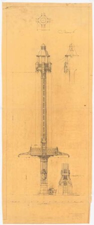 Straßenlaterne mit Oberleitungsmasten: Ansicht, Grundriss, Schnitt 1:50