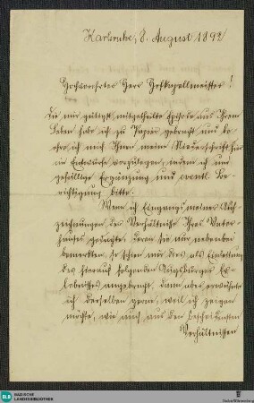 Brief von F. Schweikert an Vinzenz Lachner vom 08.08.1892 - K 2917, 13