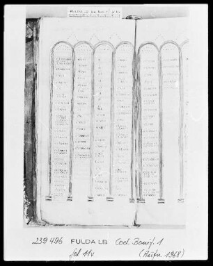 Victor-Codex, Evangelienharmonie nach Tatian; aus dem Besitz des heiligen Bonifatius — ---, Folio 11versoKanontafel