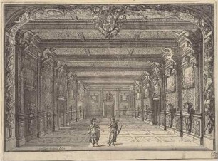 Bühnenbild zur Oper "La Caduta del Regno dell’Amazzoni" (dritter Akt, Szene 8: Turpino und Idaspe?), aus der 1690 in Rom publizierten Edition des Librettos