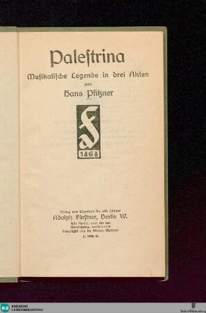Palestrina : musikalische Legende in drei Akten