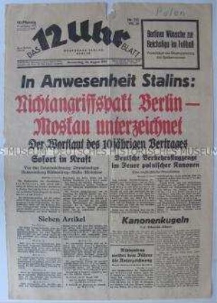 Titelblatt der Berliner Tageszeitung "Das 12 Uhr Blatt" zur Unterzeichnung des "Hitler-Stalin-Paktes"