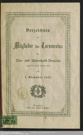 1897: Verzeichnis der Mitglieder des Turnvereins für Neu- und Antonstadt-Dresden : nach dem Stande vom ...