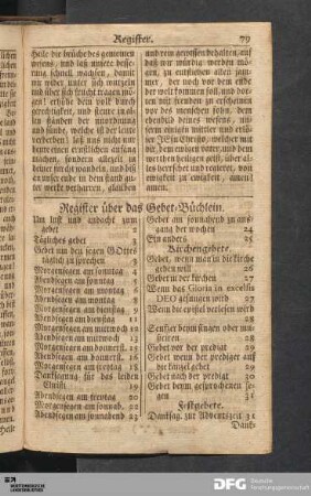 Register über das Gebet-Büchlein.