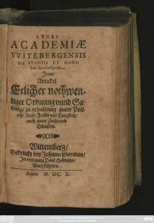 Leges Academiae Witebergensis De Studiis Et Moribus Studiosorum
