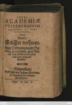 Leges Academiae Witebergensis De Studiis Et Moribus Studiosorum