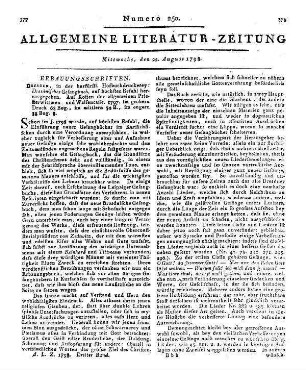 [Sammelrezension eines prot. Gesangbuches und eines Gebetbuches] Rezensiert werden: 1. Cannabich, G. C.: Schwarzburg-Sondershäusisches Gesangbuch für die kirchliche und häusliche Erbauung. Sondershausen: Rühl 1798 2. Cannabich, G. C.: Gebete zur Beförderung der öffentlichen und häuslichen Andacht. Sondershausen: Rühl 1798