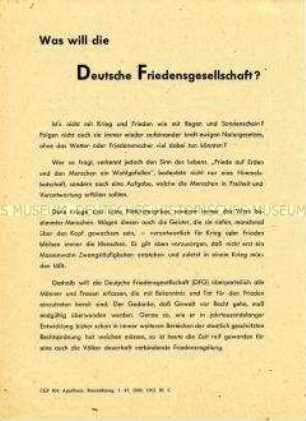 Programmatisches Flugblatt der Deutschen Friedensgesellschaft mit Mitgliederwerbung