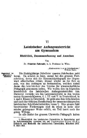 Lateinischer Anfangsunterricht am Gymnasium : Rückblick, Zusammenfassung und Ausschau