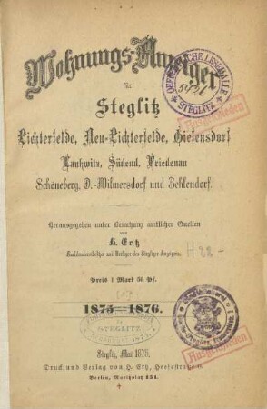 Stempel: Oeffentliche Lesehalle Steglitz ; Stadtbücherei Berlin-Steglitz, Grunewaldstr. 2