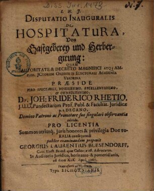 Disputatio Inauguralis De Hospitatura, Von Gastgeberey und Herbergirung