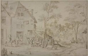 Dorfansicht mit der Heiligen Familie auf der Flucht nach Ägypten