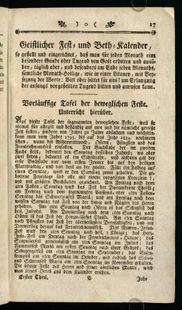 17-18, Vorläuffige Tafel der beweglichen Feste