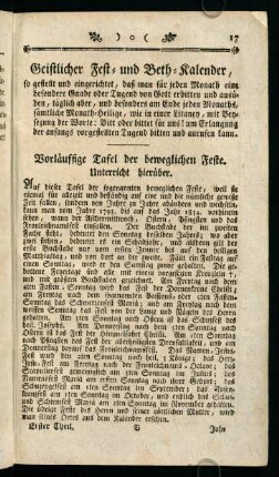 17-18, Vorläuffige Tafel der beweglichen Feste