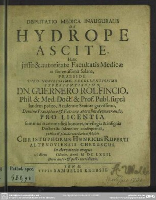 Disputatio medica De hydrope ascite