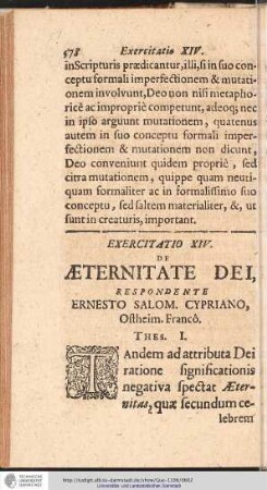 EXERCITATIO XIV. DE AETERNITATE DEI, RESPONDENTE ERNESTO SALOM. CYPRIANO ...