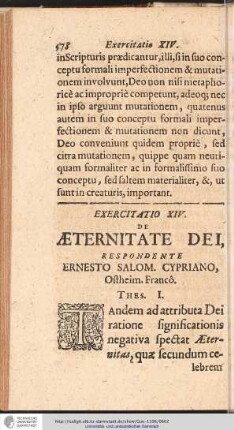 EXERCITATIO XIV. DE AETERNITATE DEI, RESPONDENTE ERNESTO SALOM. CYPRIANO ...