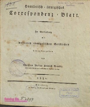 Homiletisch-liturgisches Korrespondenzblatt. 1831 = 7. Jahrgang
