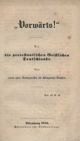 Vorwärts ! : An die protestantischen Geistlichen Deutschlands