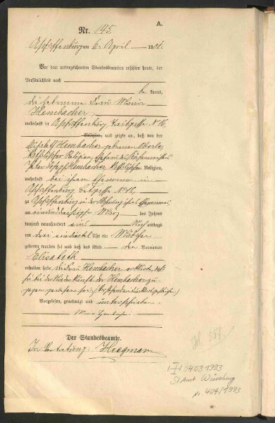 Standesamtsbuch der Stadt Aschaffenburg: Geburten 365/1900 - 184/1901