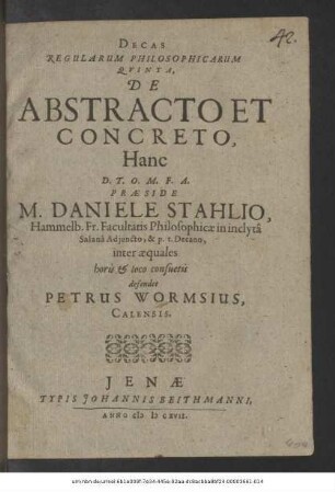 Decas Regularum Philosophicarum Quinta, De Abstracto Et Concreto