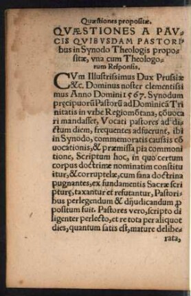 Quaestiones A Paucis Quibusdam Pastoribus in Synodo Theologis propositae, una cum Theologorum Responsis.