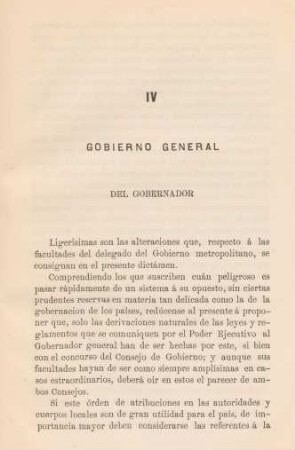 IV. Gobierno general