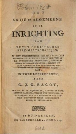 Het vrije en algemeene ... van ... kerk-maatschappijen