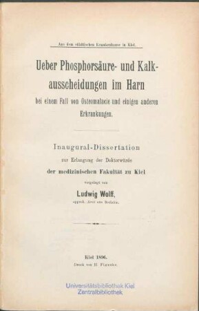 Ueber Phosphorsäure- und Kalkausscheidungen im Harn bei einem Fall von Osteomalacie und einigen anderen Erkrankungen