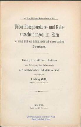 Ueber Phosphorsäure- und Kalkausscheidungen im Harn bei einem Fall von Osteomalacie und einigen anderen Erkrankungen